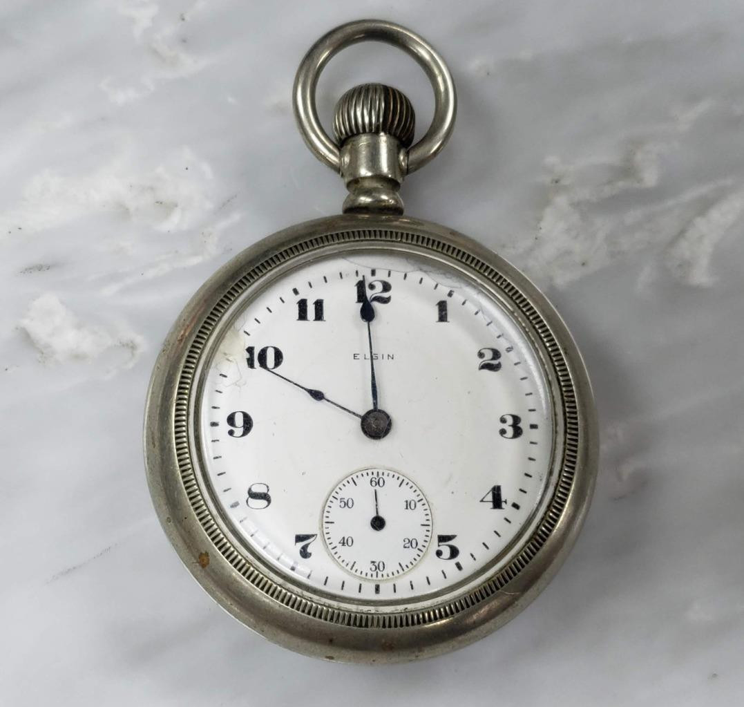 Antique 1917 Elgin Open Face Silveroid Pocket Watch ~ 18s ~ 17j ~ 5-F482