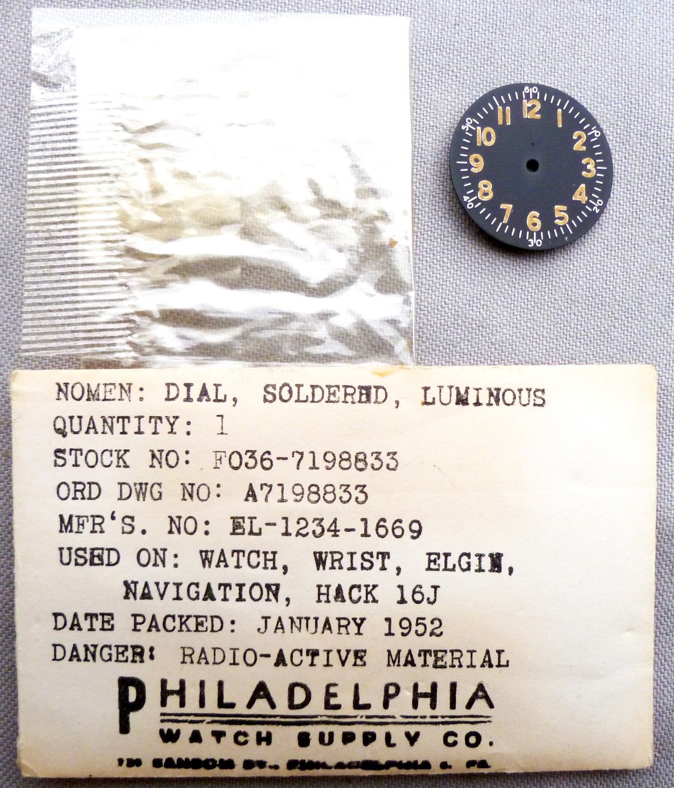 ELGIN Military DIAL New Old Stock Early 1950s Likely For ELGIN Cal. 539 Size 8/0