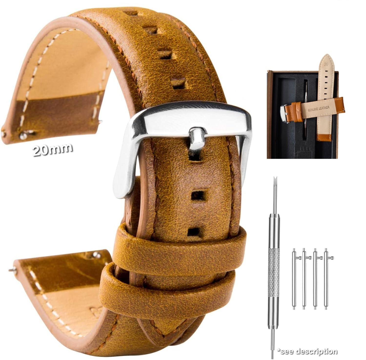 Leather Watch Strap [20mm lug] Genuine Replacement Band St Steel Clasp Brown, UK