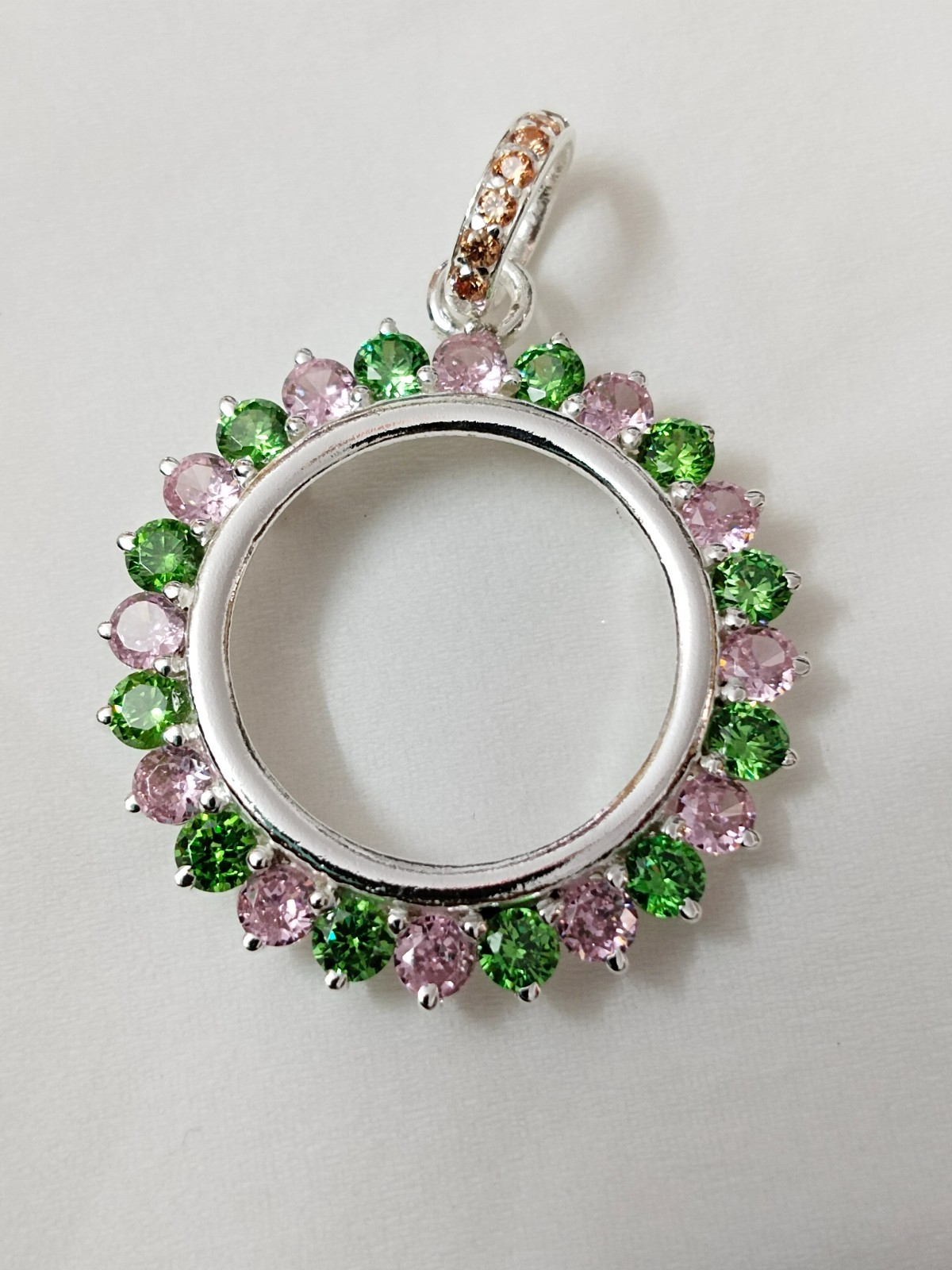 925 Sterling Silver Round Bezel Pendant Blank Green & Pink CZ Handmade Coin