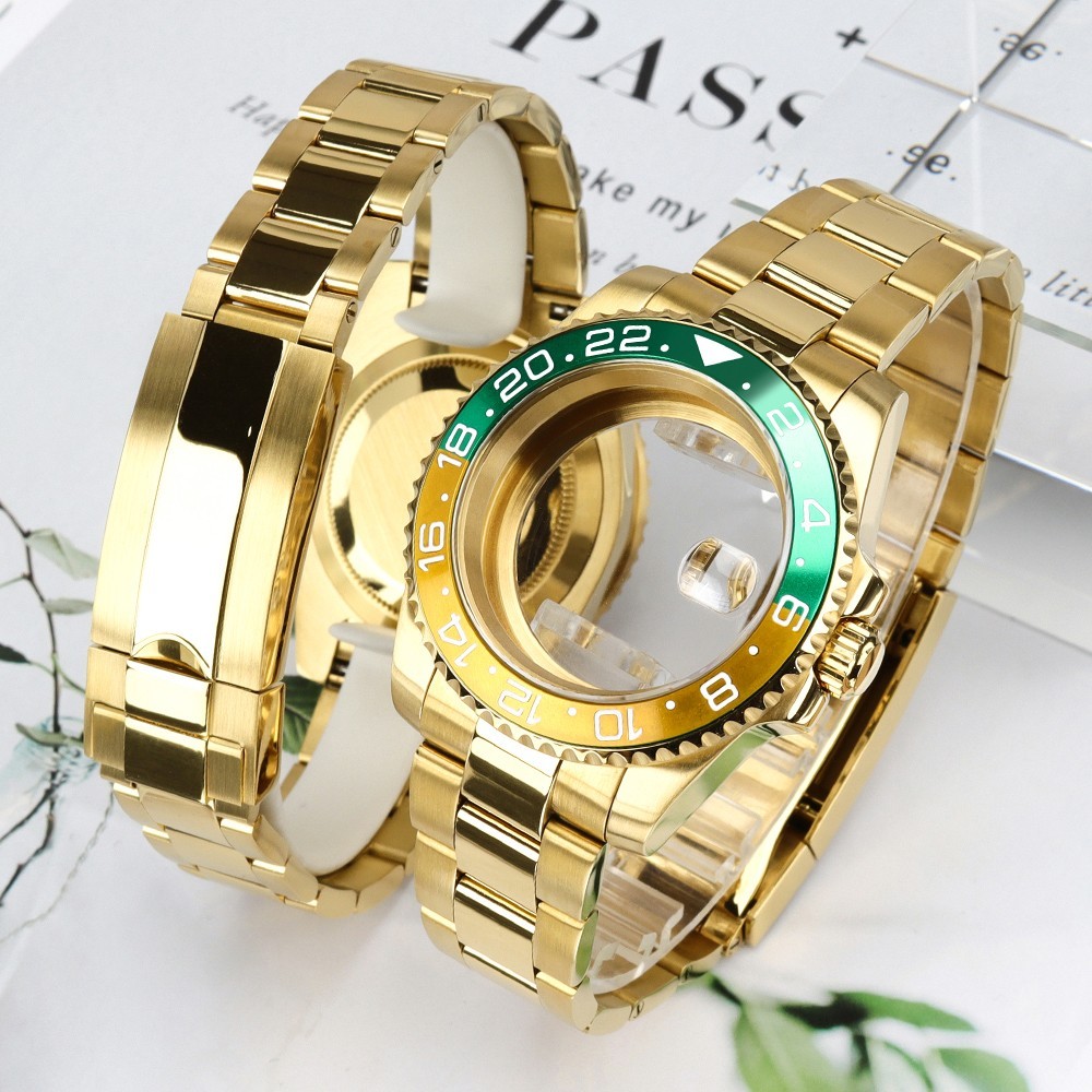 Sapphire 40mm Luxury SUB Golden Watch Case Date+Band For Seiko NH35 38 Movement