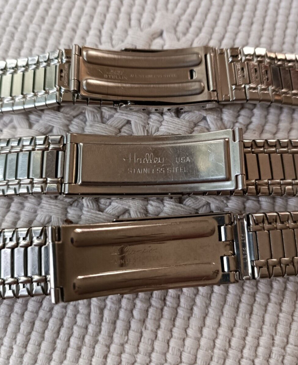 LOT OF 3 STAINLESS STEEL VINTAGE STRAPS CHAMPION STELUX HADLEY FRON Ca 60’S