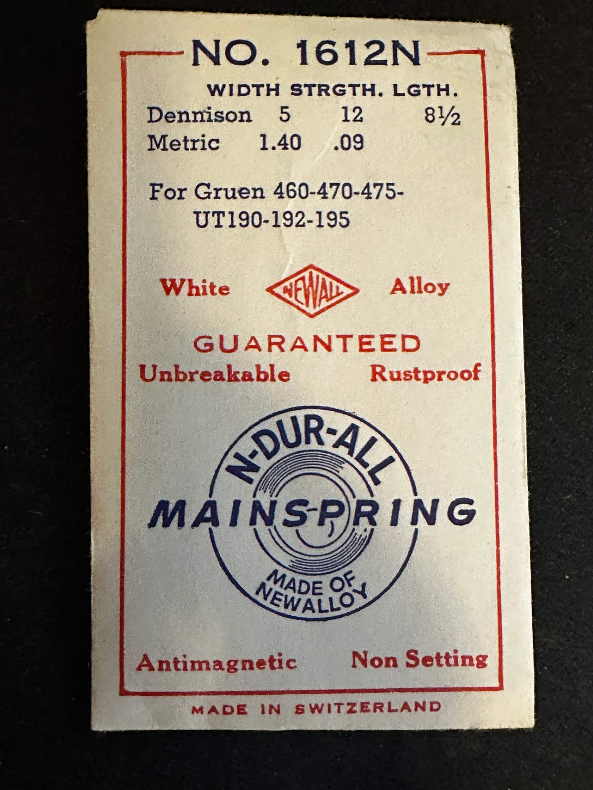 NEWALL Mainspring #1612N for Gruen 460, 470, 475, Unitas 190, 192, 195 – Alloy