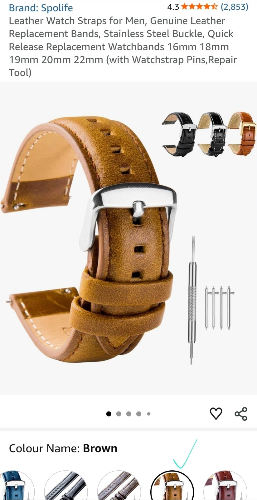 Leather Watch Strap [20mm lug] Genuine Replacement Band St Steel Clasp Brown, UK