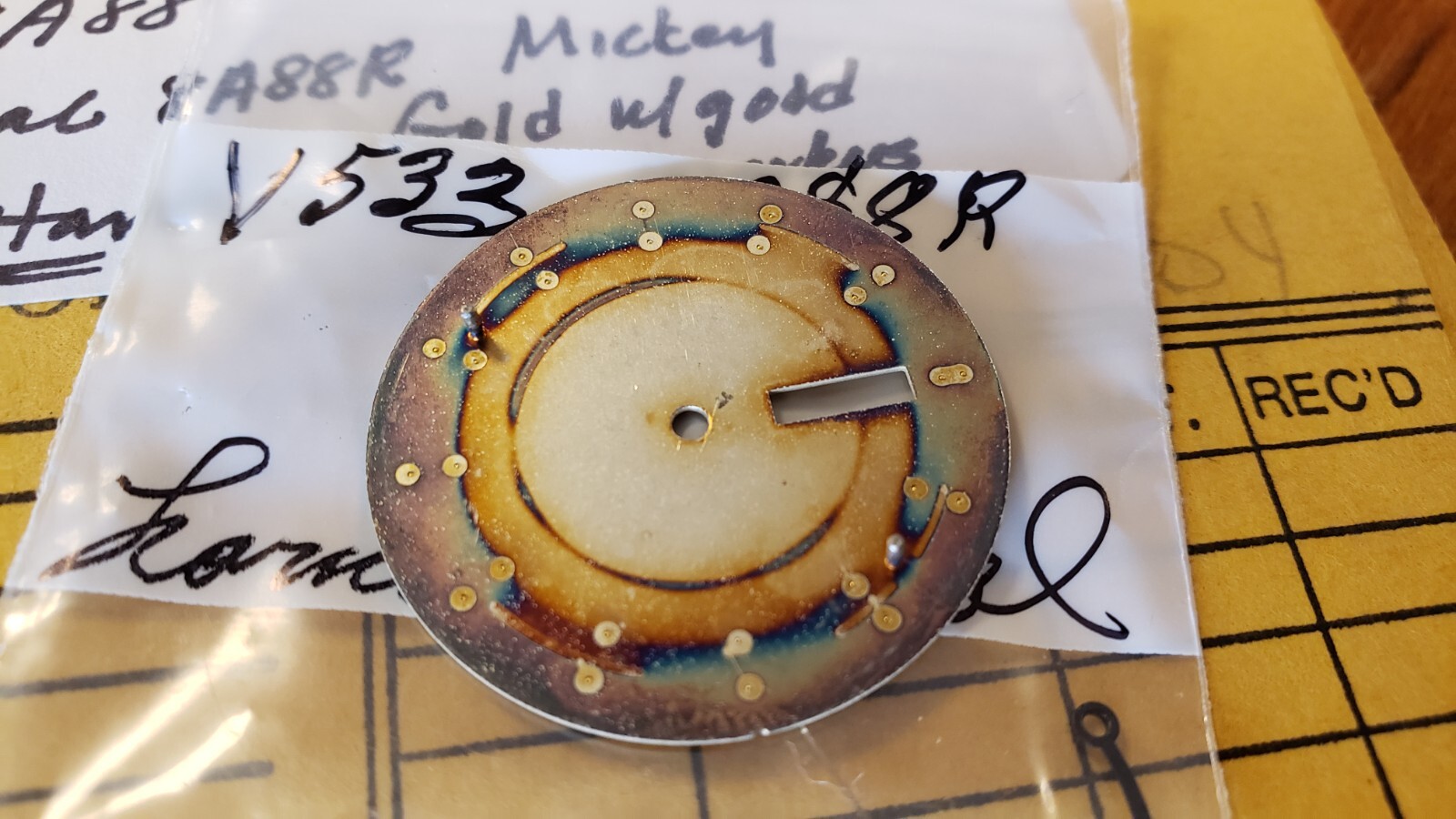 VTG 80’s Lorus Mickey Mouse Watch Dial w/ Hands, Gold markers & window V533-8A88