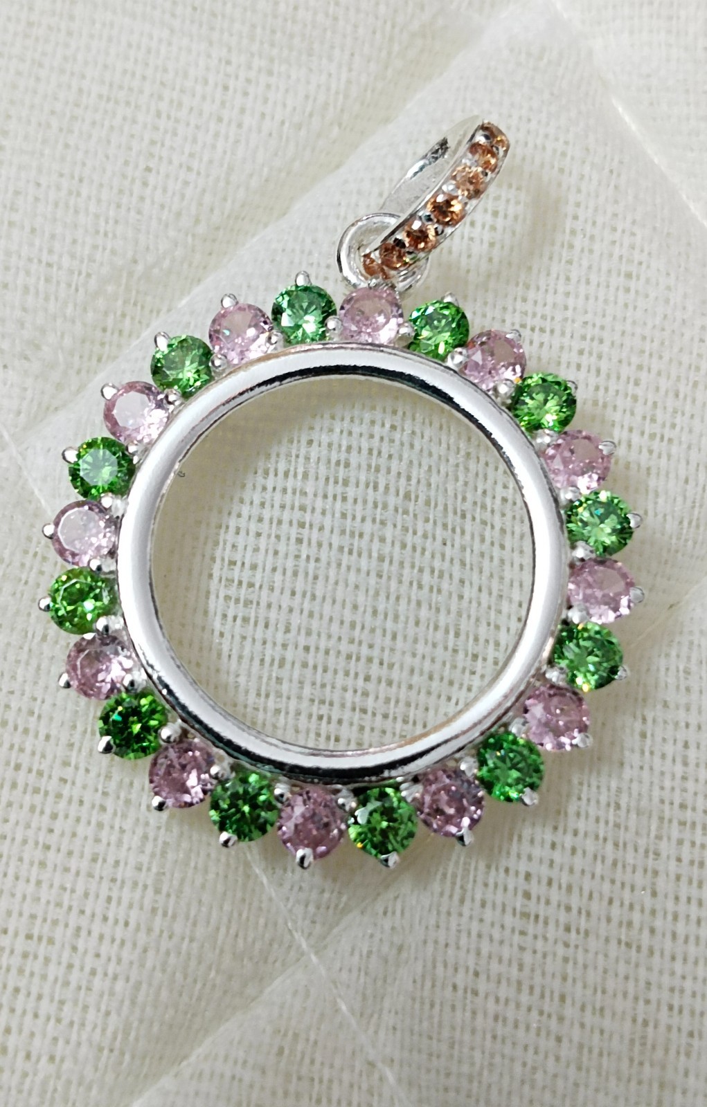 925 Sterling Silver Round Bezel Pendant Blank Green & Pink CZ Handmade Coin