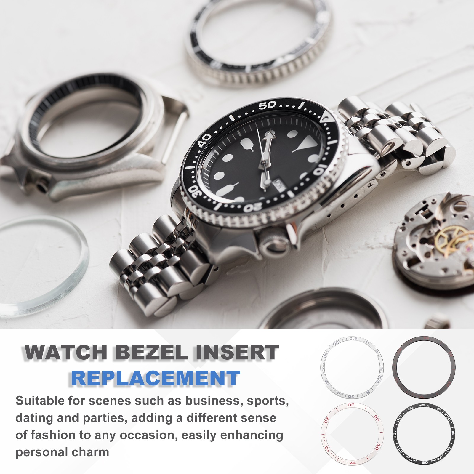 43mm Watch Bezel Stainless Steel Watch Bezel Ring Amoled Display Black/White