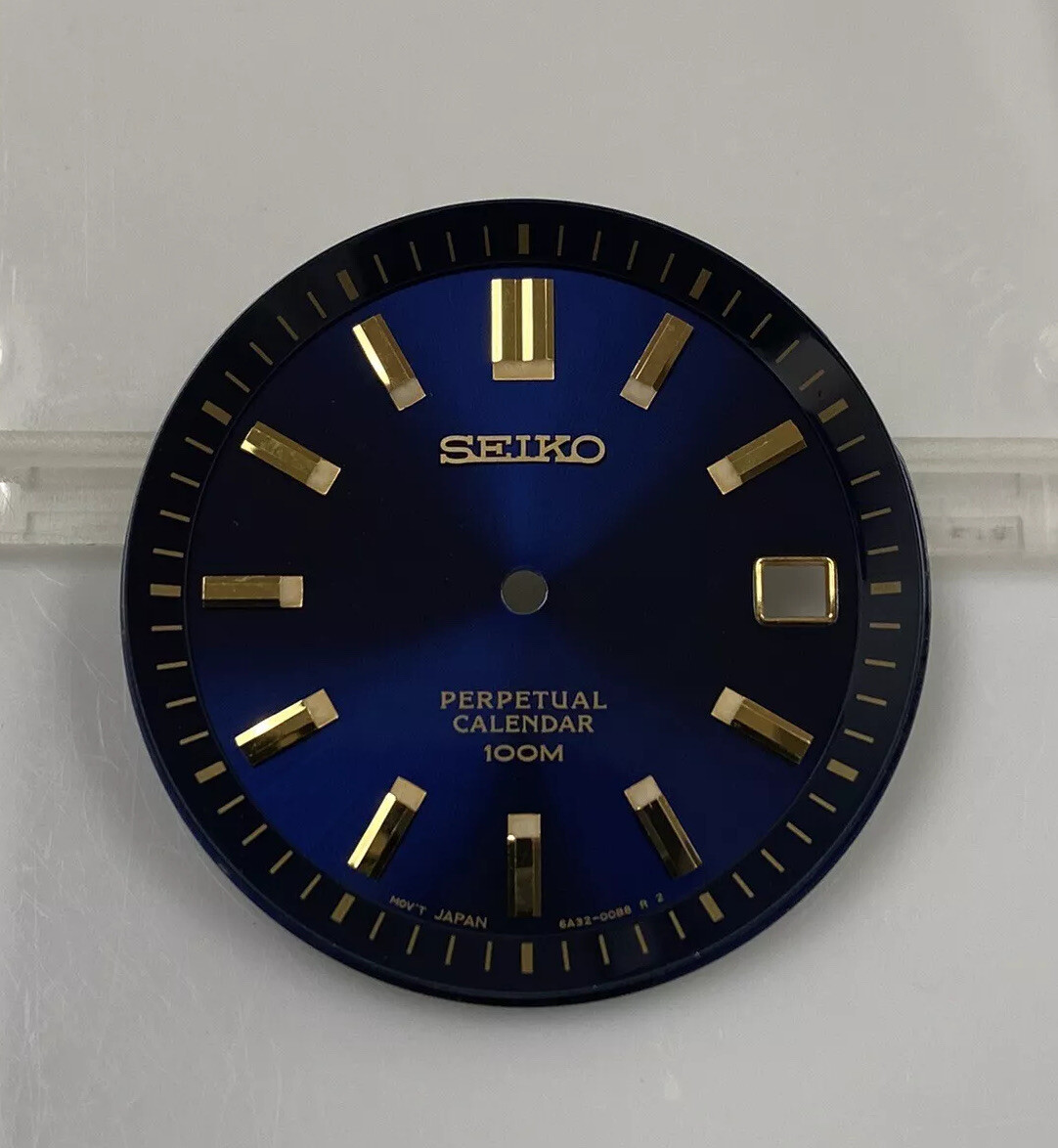 Original NOS Seiko Perpetual Calendar 6A32-00B8 Navy Blue/Gold Stick 30.5mm Dial