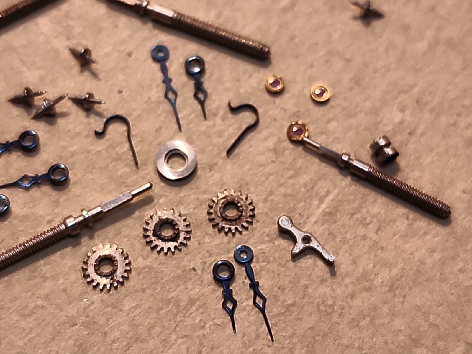 Lot Of NOS Elgin 21/0 Mixed Parts-Stems, Balance Staffs, Jewels, Hands, Etc