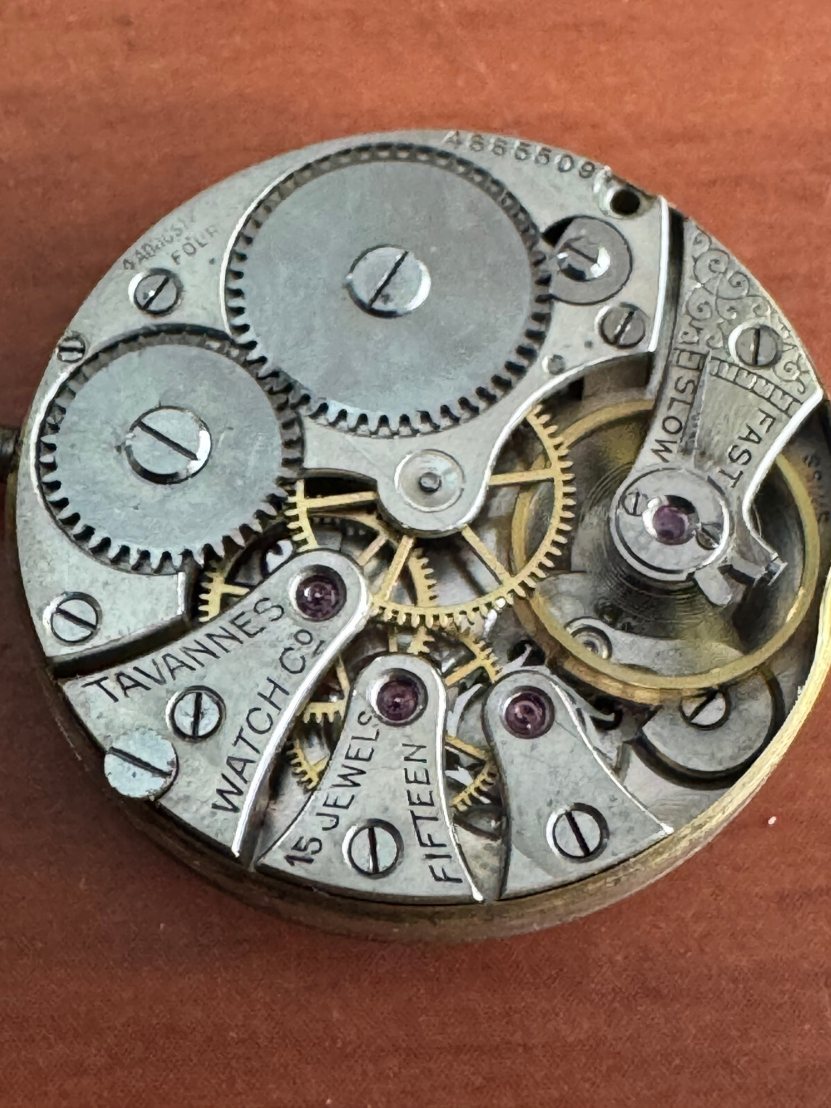 VINTAGE 0 SIZE TAVANNES POCKET WATCH MOVEMENT FANCY DIAL 15 JEWEL KEEPING TIME
