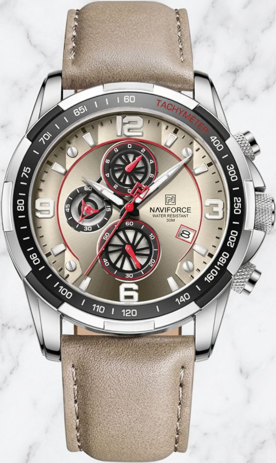 Men’s Sporty Watch Analog Quartz Chronograph Gold Dial Gray Leather Strap
