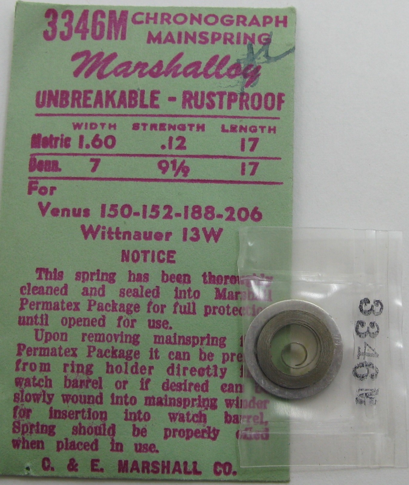Wittnauer 13 lignes Venus 150 152 188 206 mainspring watch part #770 * Marshall
