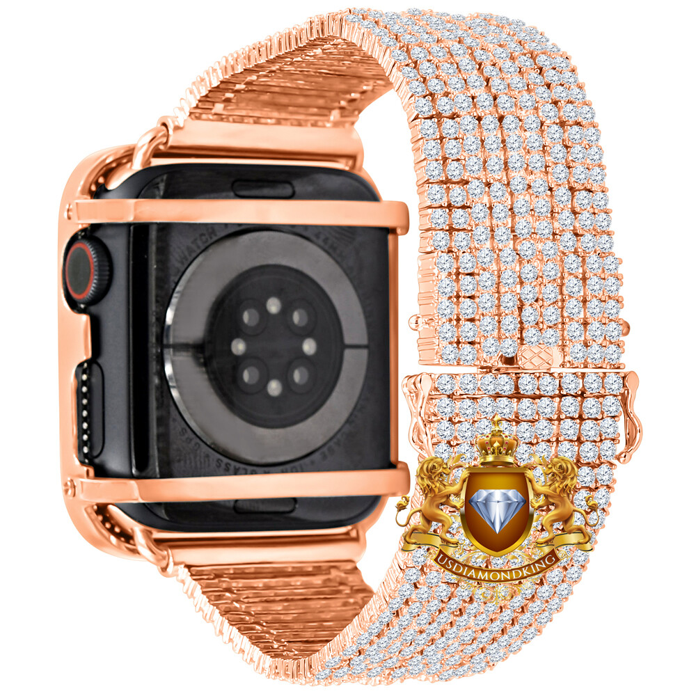 Rose Gold Finish Apple Watch Custom Pave Bezel & Band Combo Set 44mm Fit # 4,5,6