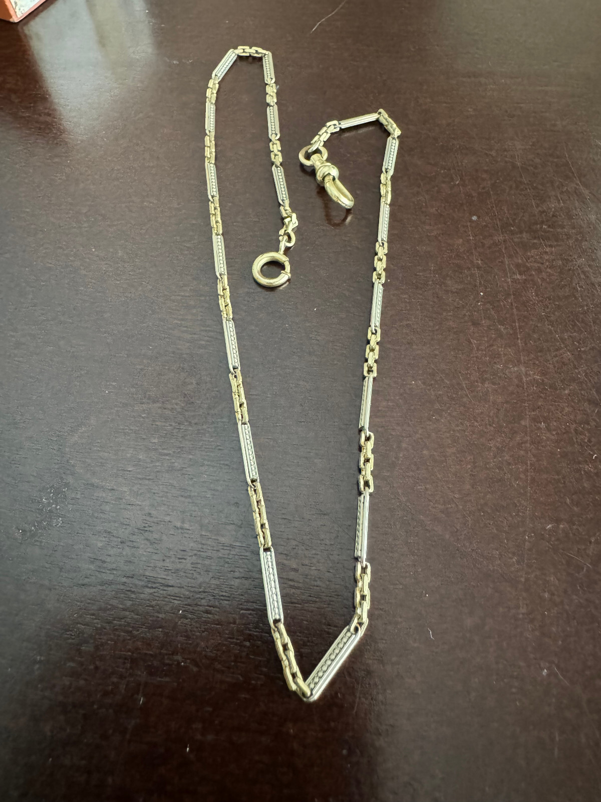 VINTAGE 15.5 INCH SIMMONS POCKET WATCH CHAIN, GREEN & WHITE GOLD FILLED, NICE