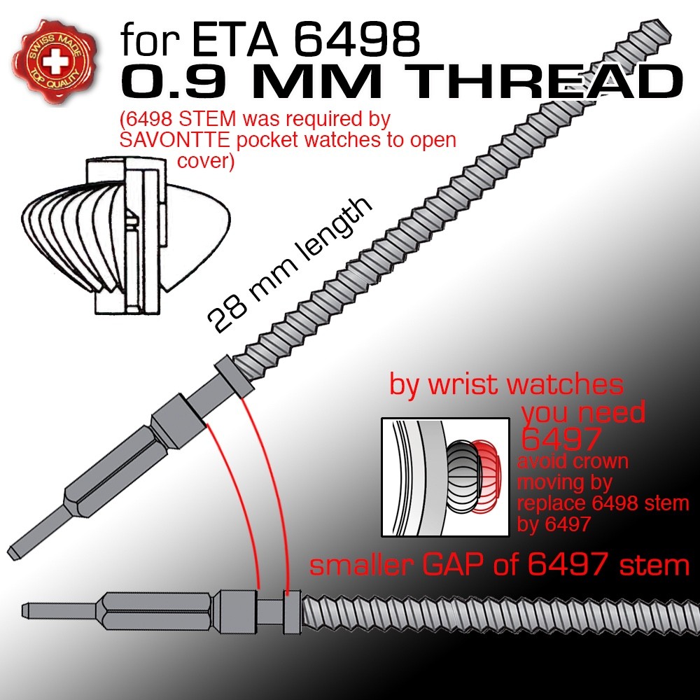WINDING STEM, ETA UNITAS 6497, 6498 family, 0.9 mm,THREAD