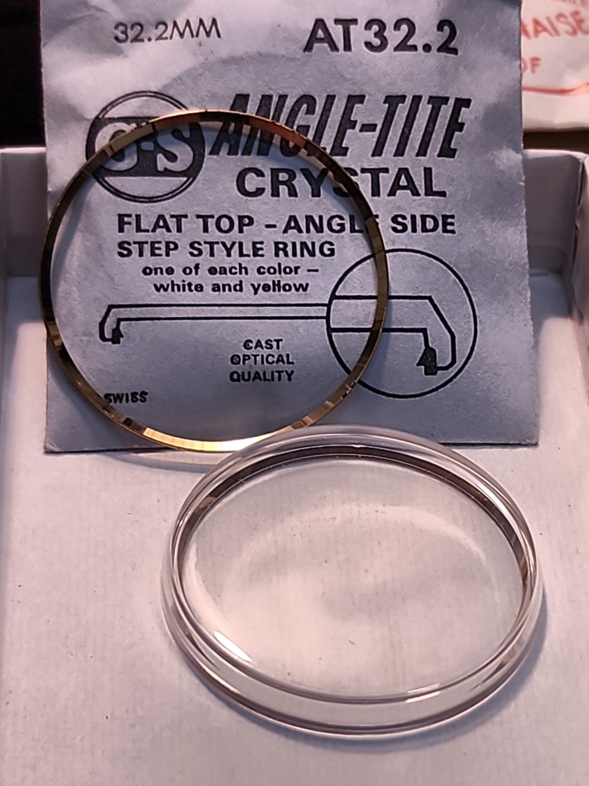 Vintage NOS GS Angle-Tite AT32.2 32.2mm WW Flat Top Crystal-W/2 Armor Rings