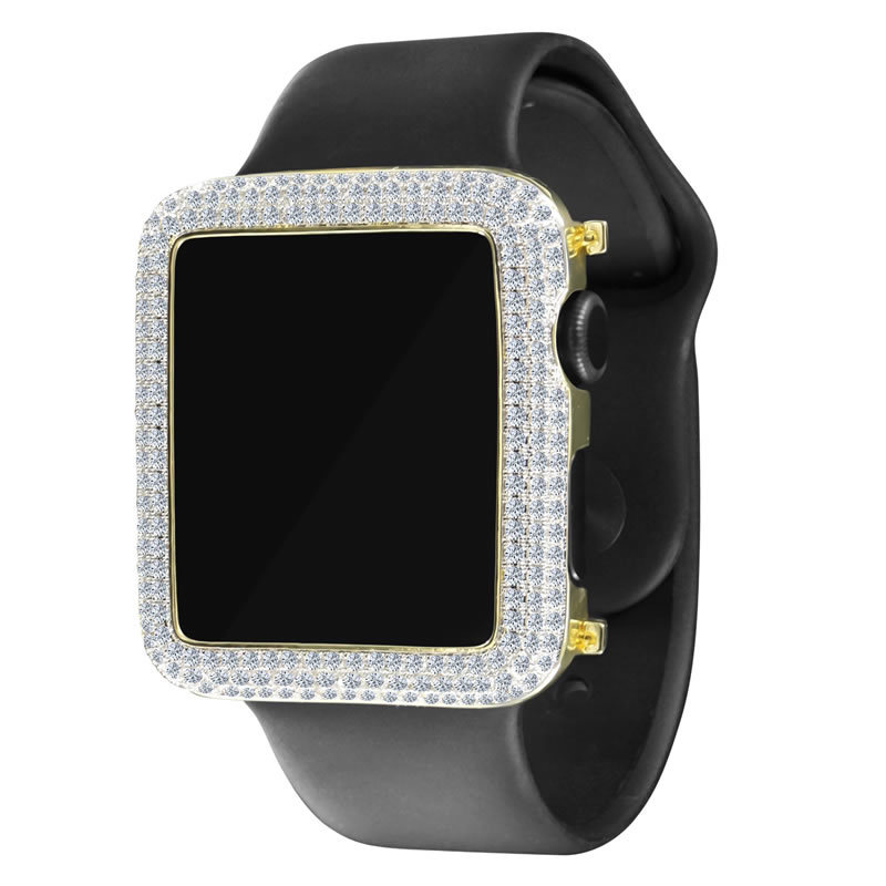 Real Yellow Gold Silver Apple Watch Bezel Rose Gold Pink Lab Diamond Series 2 &3