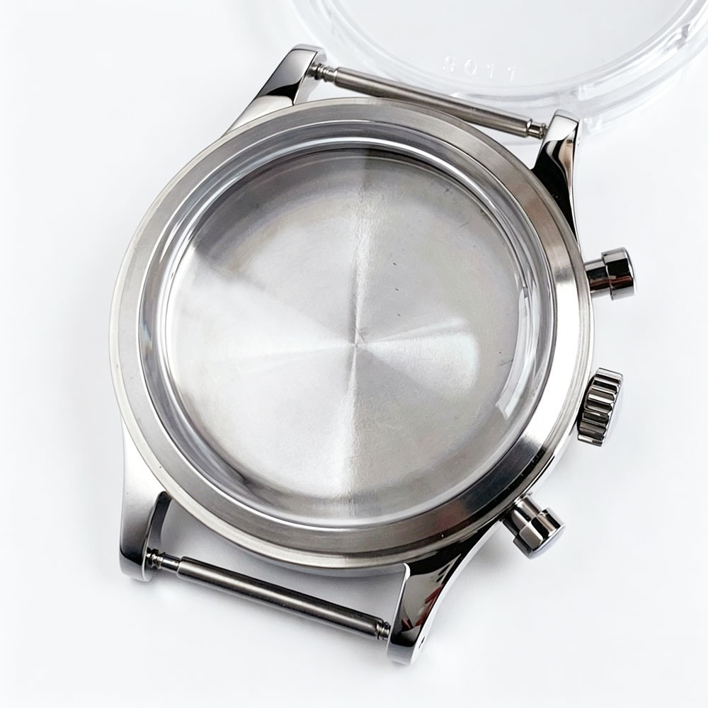 Retro 38mm Steel Watch Case For Miyota OS20 Movt Chronograph Quartz Black Silver