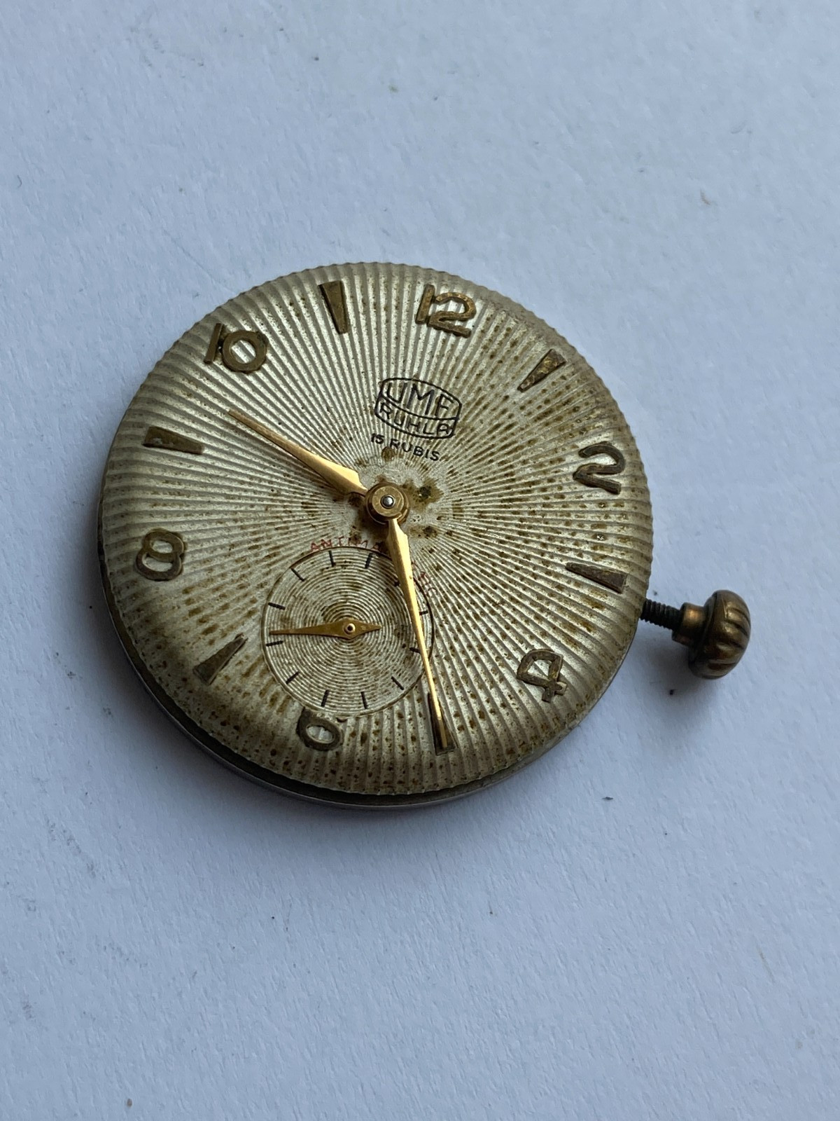 Vinatage MEN watch parts MOVMENT UMF RUHLA 15 JEWELS GERMANY RUNNING DIAL HANDS