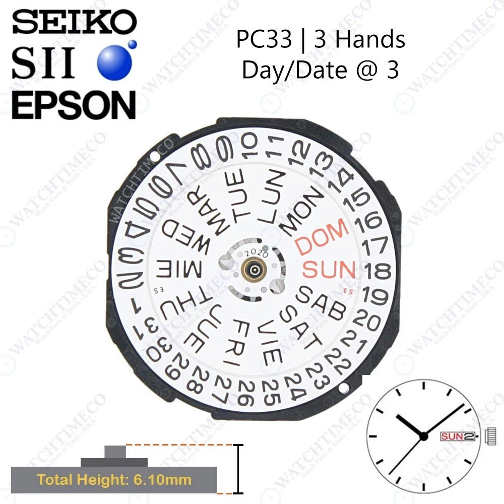 Genuine Seiko SII Epson PC33 Watch Movement Japan 3 Hands, Date/Day at 3