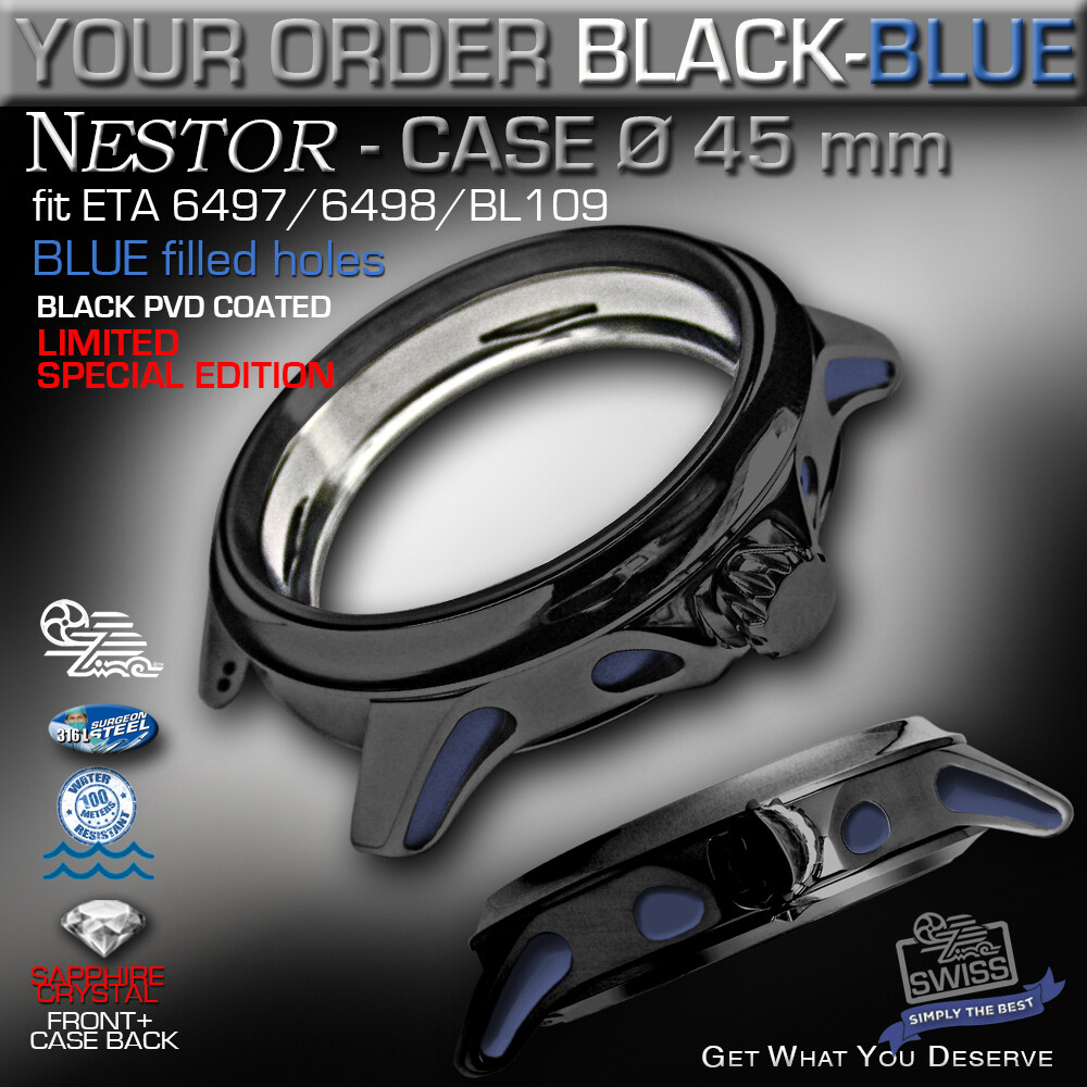 WATCH CASE NESTOR, 45MM, BLACK PVD, BLUE HOLES, FOR MOVEMENT ETA 6497/98, BL109