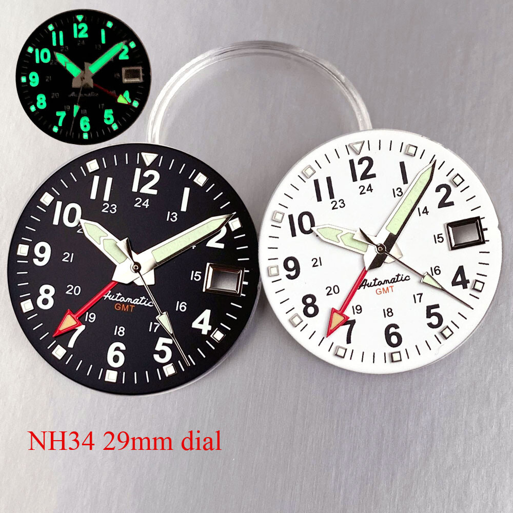 Luminous Black White 29mm Field Watch Dial Face fit NH34A NH34 GMT Dive Watch