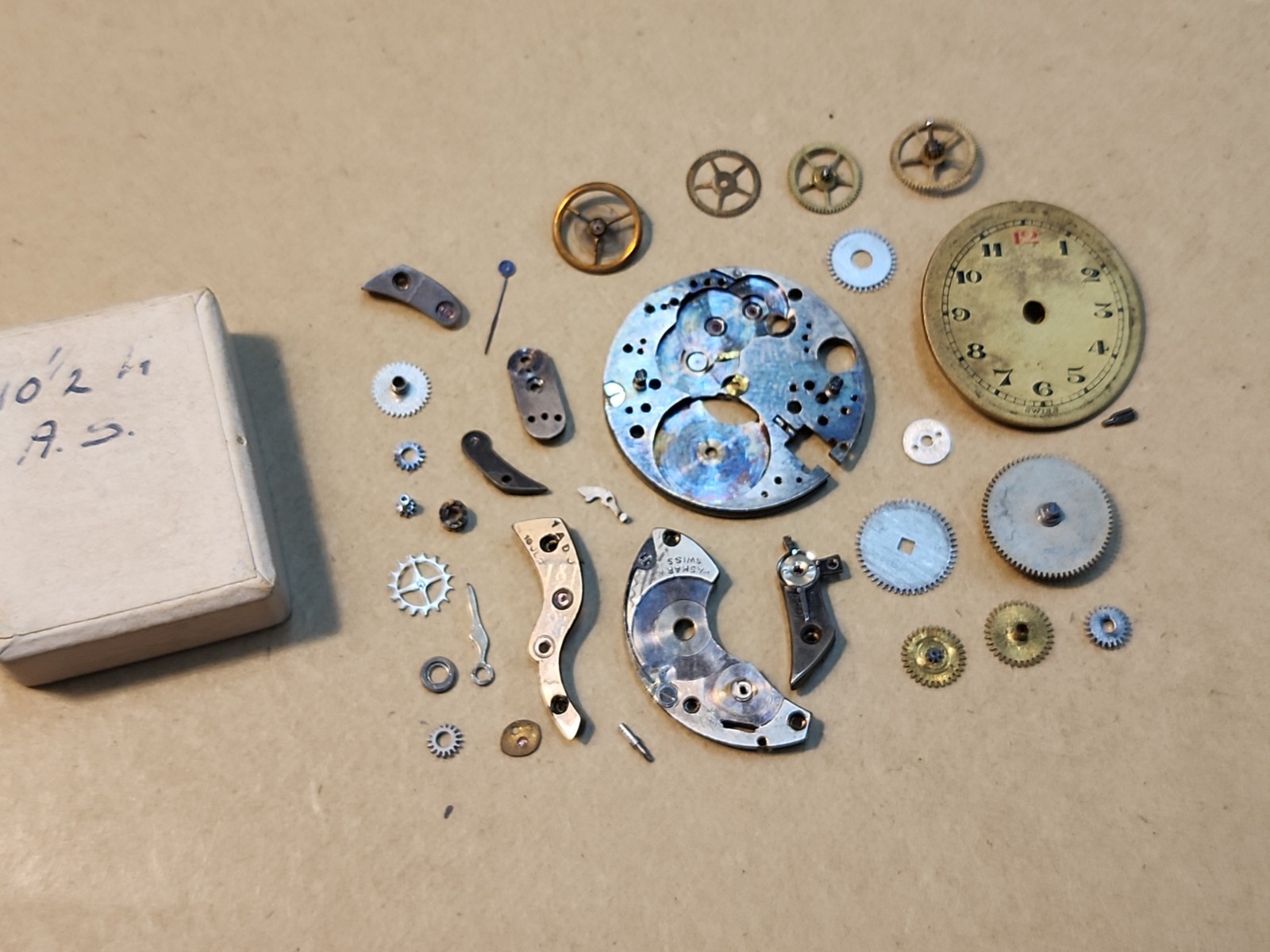 Lot Of Mixed AS? 10-1/2L Watch Parts-Plates, Bridges, Wheels, Dial-Parts Spares