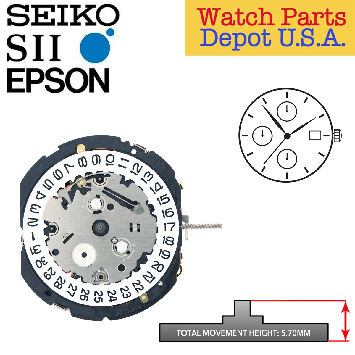 Genuine Seiko SII Epson YM92 Watch Movement Japan 3 Hands, Date at 3 – NEW!