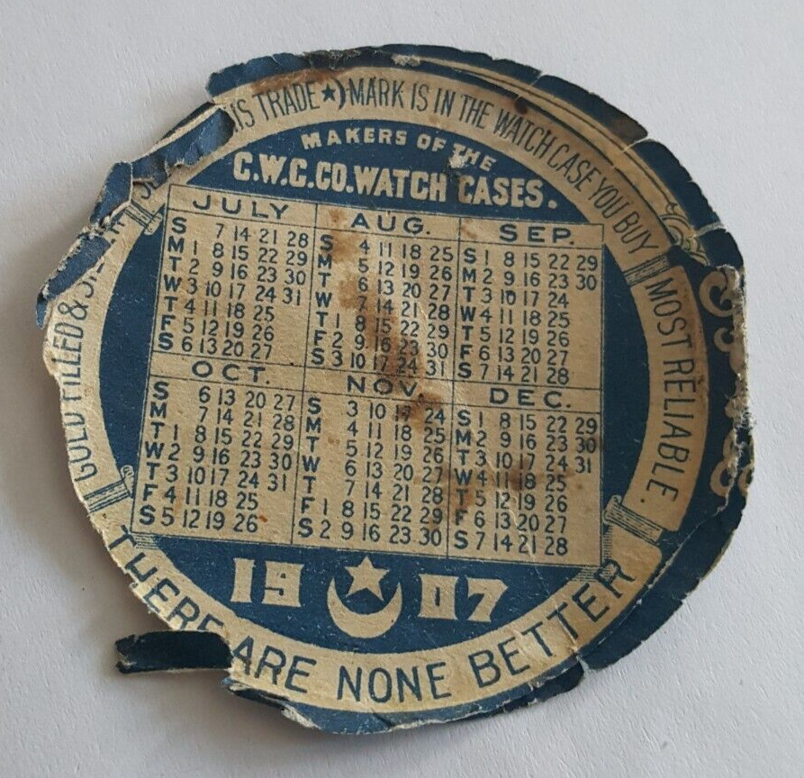 1907 Crescent Watch Case Co Paper Calendar Repair Insert Newark N.J.