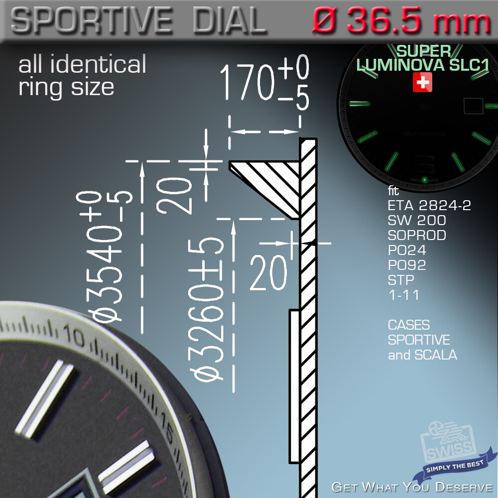 DIAL, ETA 2824-2, 2892-A2, SW 200,SW300, SOPROD A10,M100 Ø36.5 mm Ref SPORTIVE