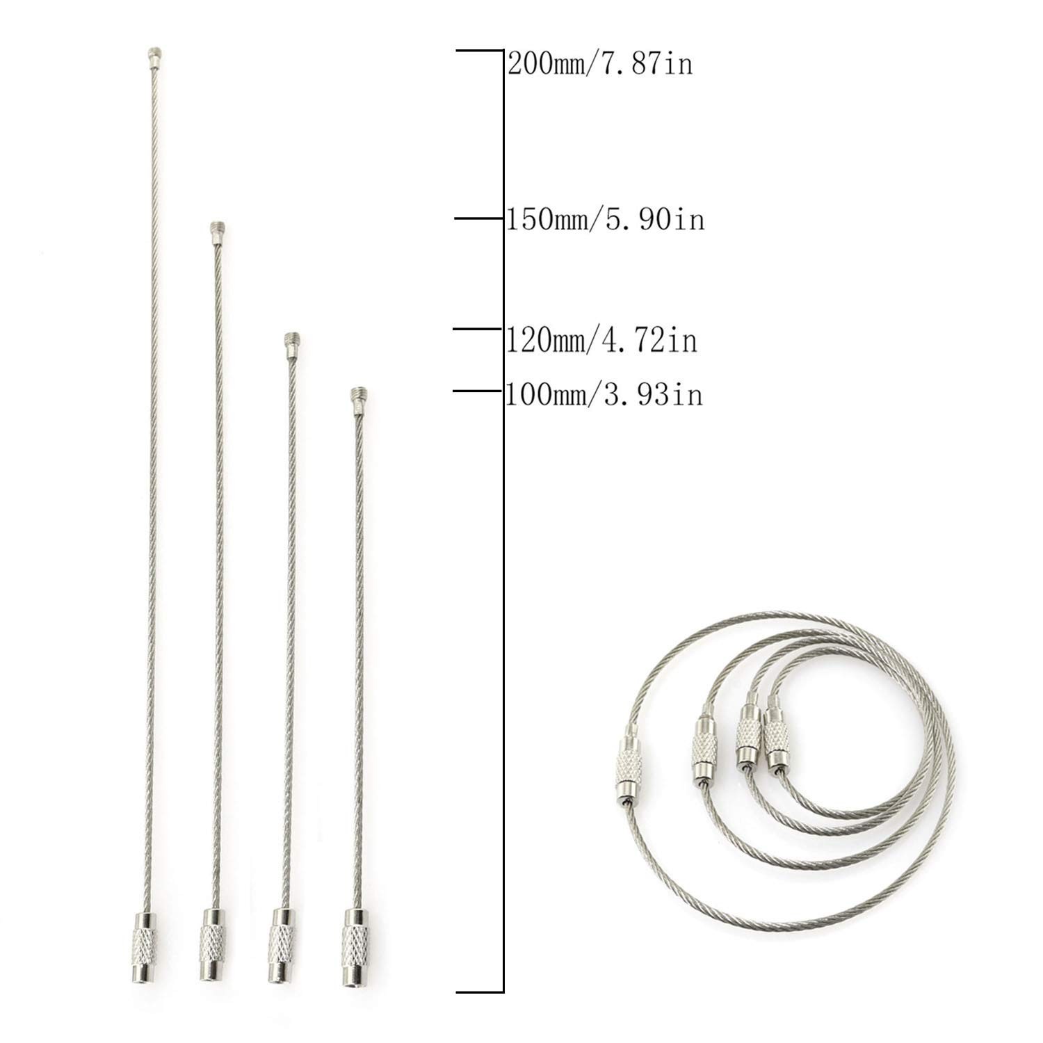 20pcs Stainless Steel Wire Keychains 1.5mm Aircraft Cable Key Ring Loops 4 Lengt