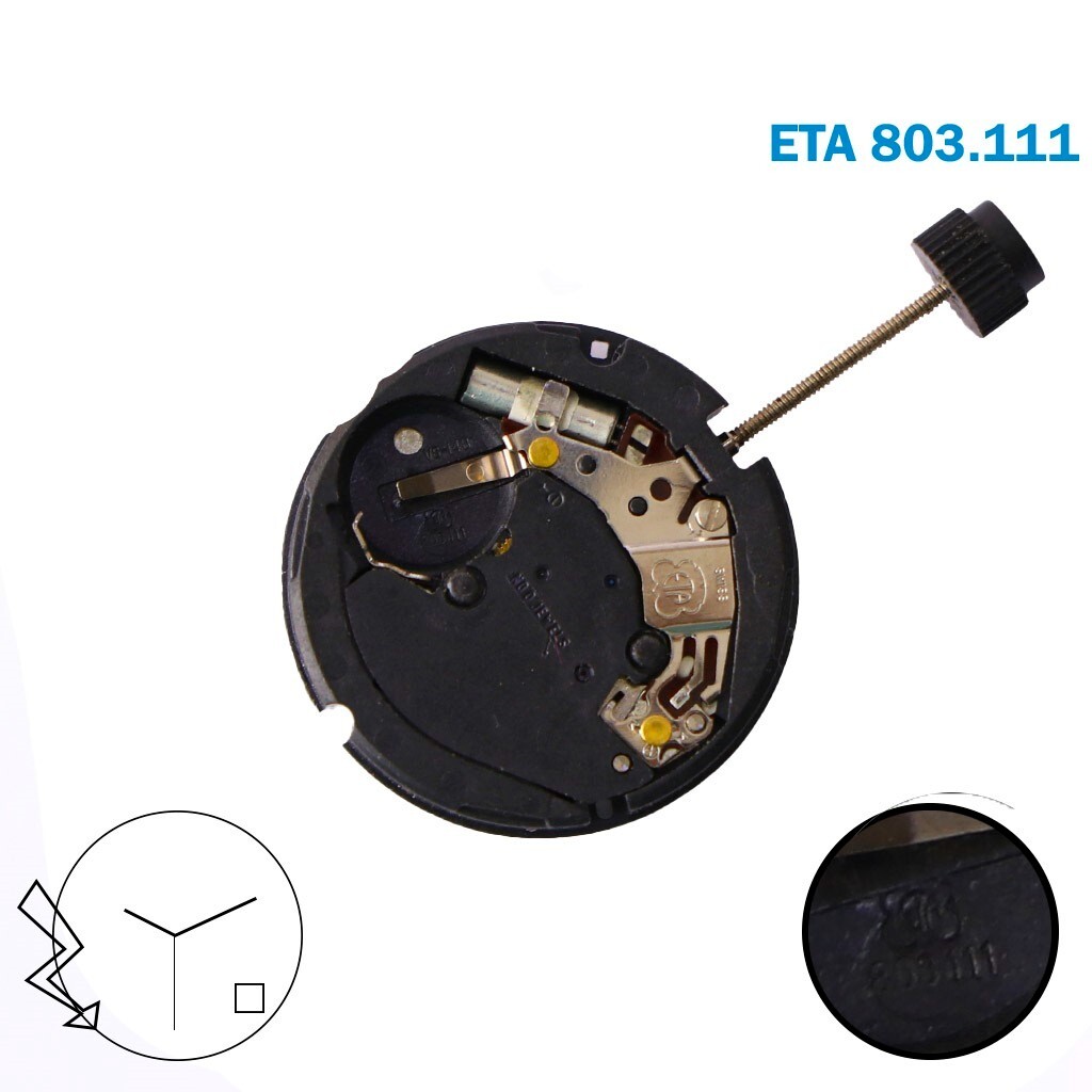 ETA 803.111 Swiss Quartz Movement 11 1/2, 3 Hands, White Date Disk at 3.