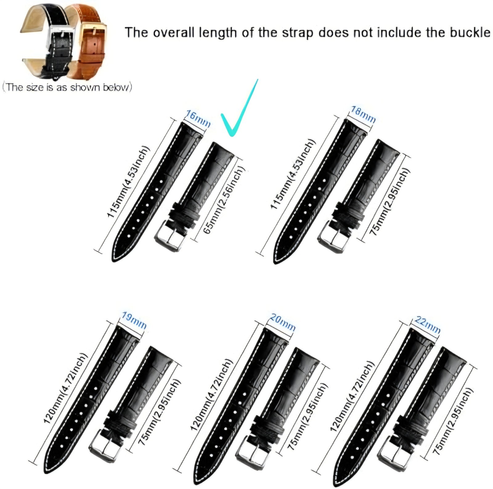 Leather Watch Strap Genuine 16mm Replacement Band, Black Watchstrap Silver Clasp