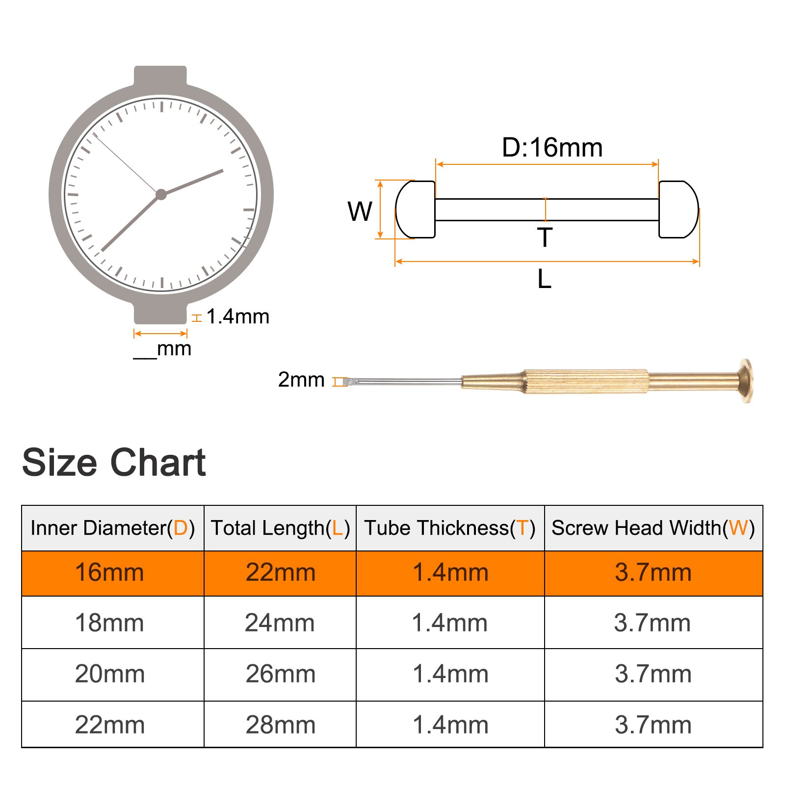 2 in 1 16mm Watch Screw Tube Rod with 2mm Slotted Screwdriver, Rose Gold