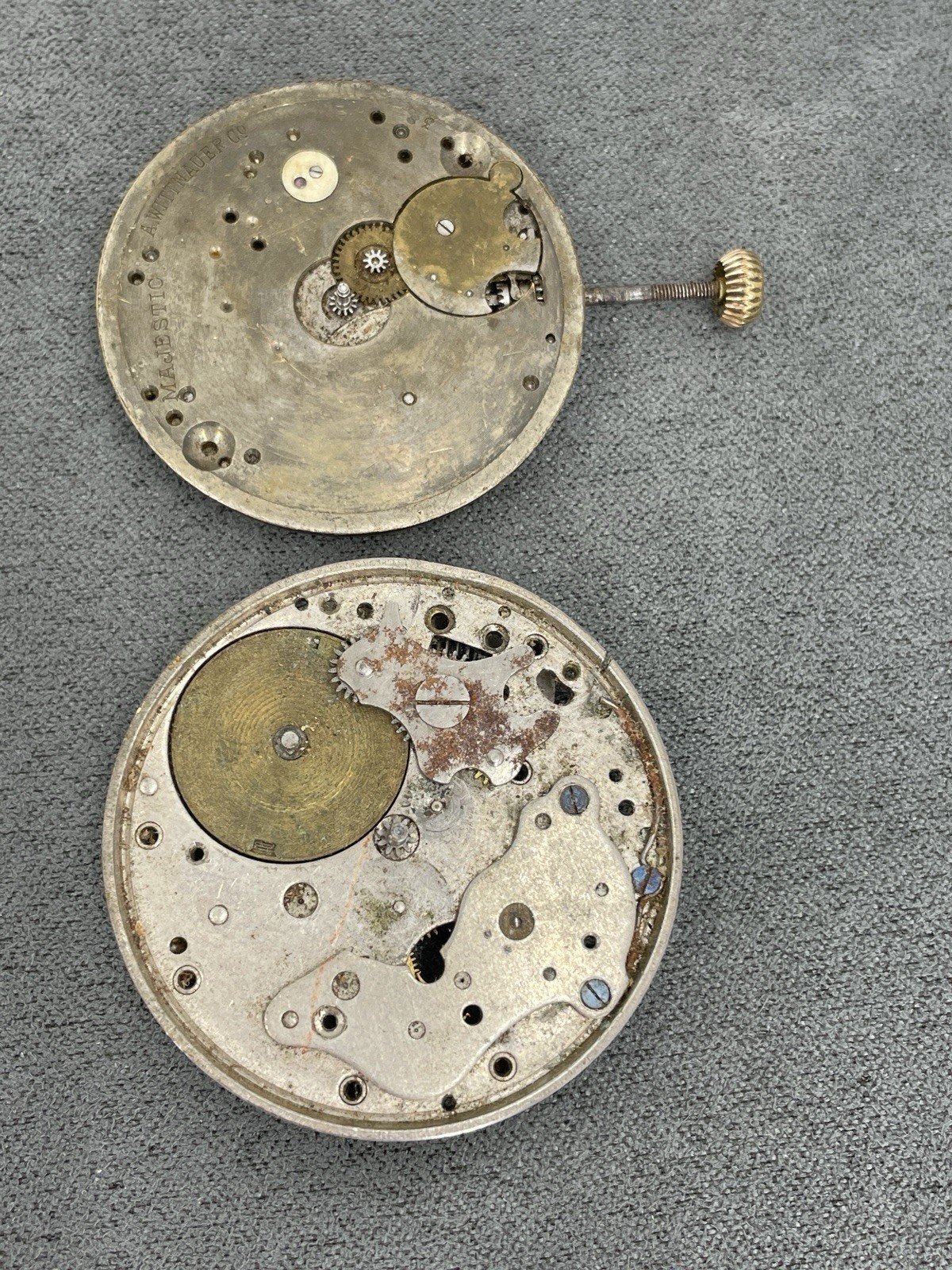 Watchmaker Parts Lot # 7 Movements, 8 Day Plate, Cases. Waltham, NY Standard, Et