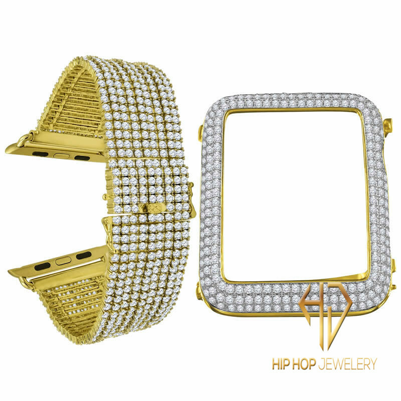 Apple Watch Series 4 Custom Bezel 44 mm 14K Yellow Gold Tone Bracelet 9 Row Band