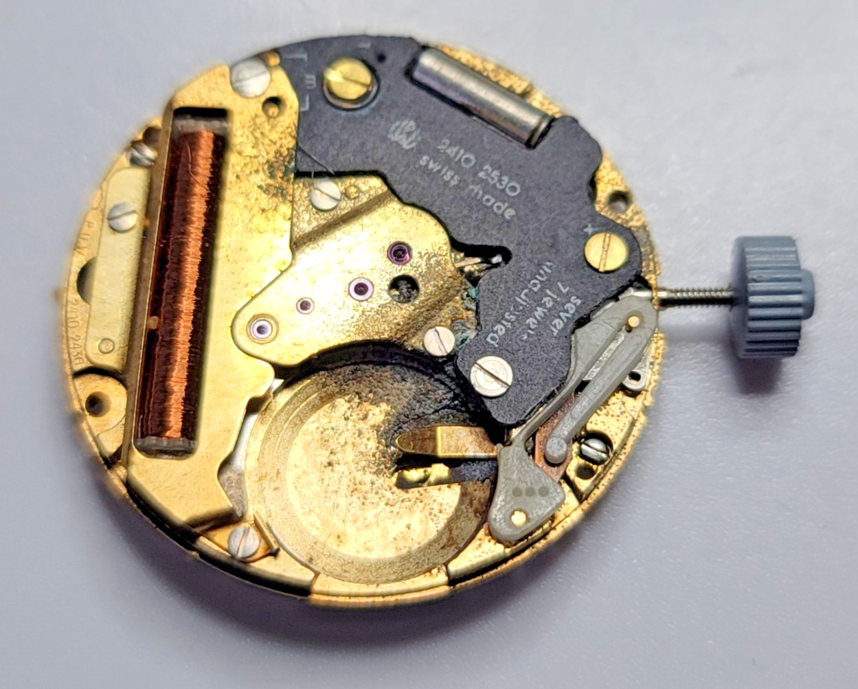 PUW 2410 / 2430 Swiss Quartz Watch Movement w/ Date Ring Stem & Crown – F17