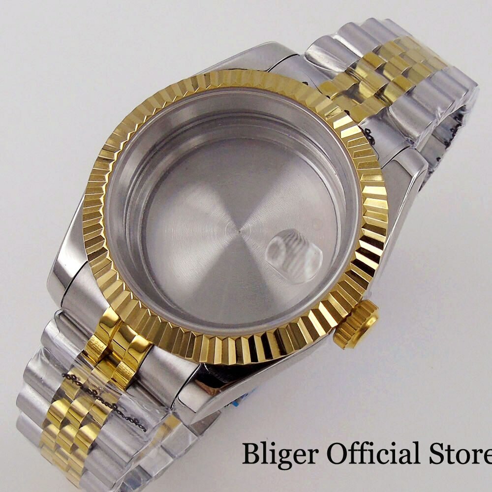 BLIGER 39MM Two Tone Gold Strap Watch Case Fluted Bezel fit NH35A NH36A PT5000