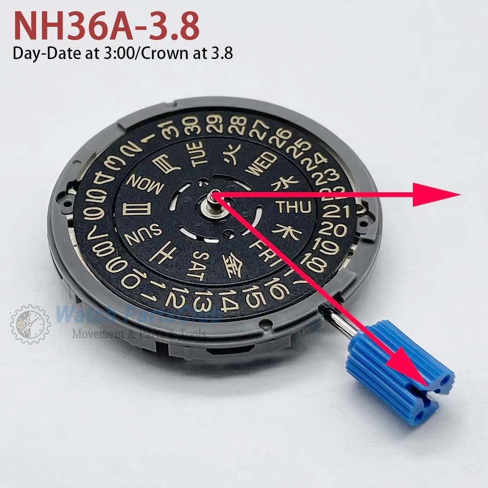 SII NH36 Watch Movement Black-Gold Datewheel CROWN at 3.0/3.8 in Japanese Kanji