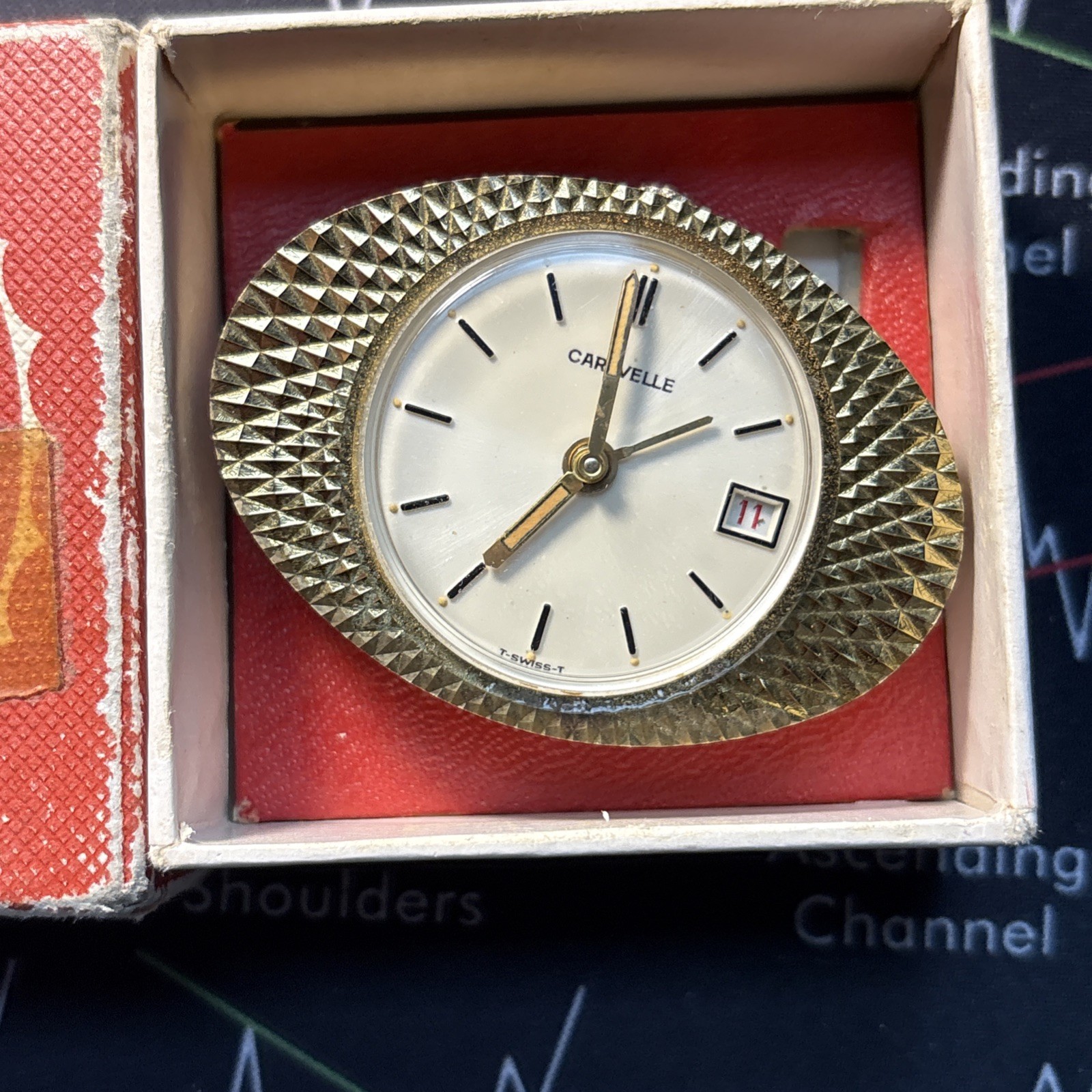 Calendar Alarm Caravelle by Bulova clock working T-Swiss movement Missing Base