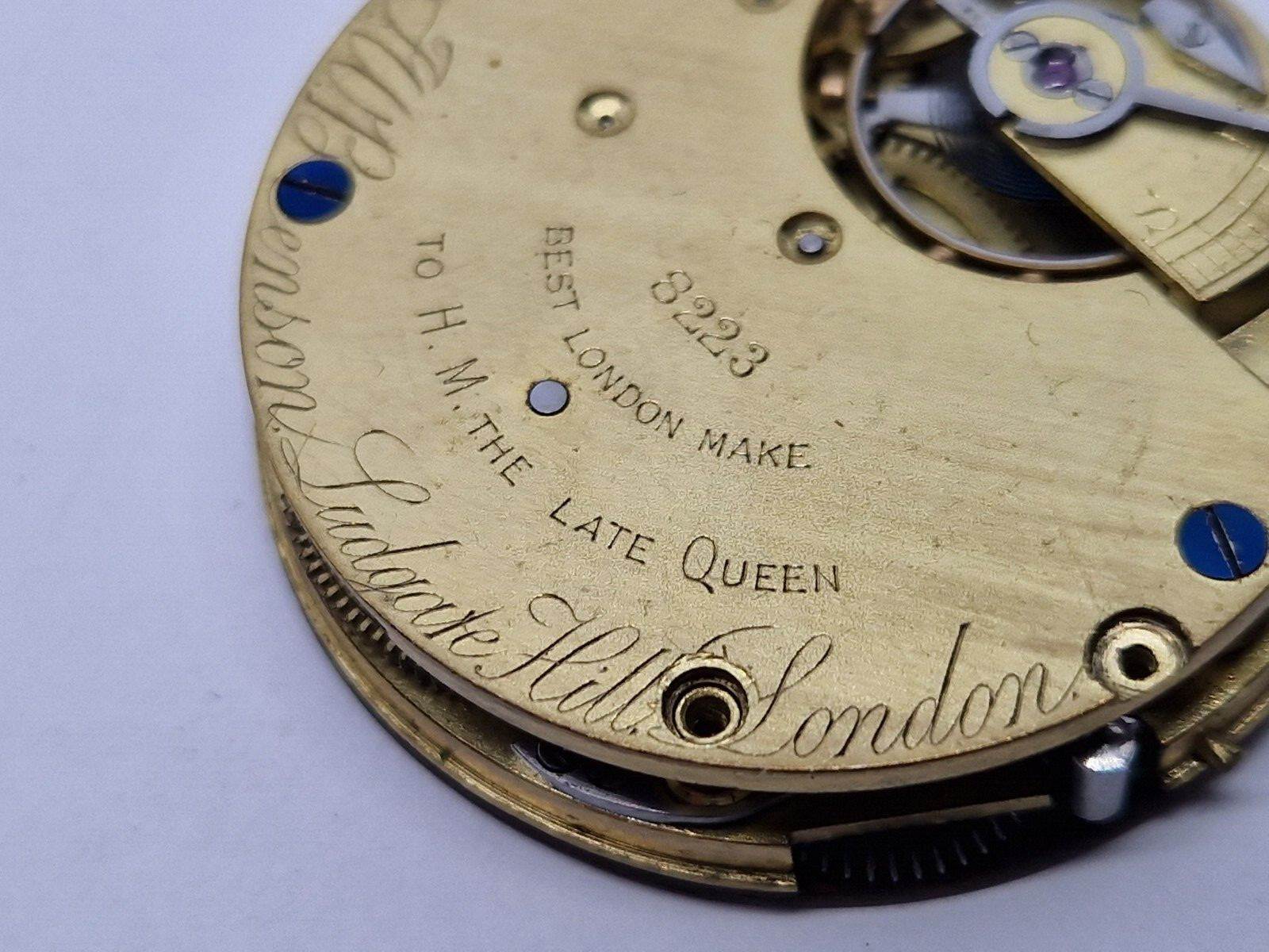 Antique J W Benson pocket watch movement London Queen