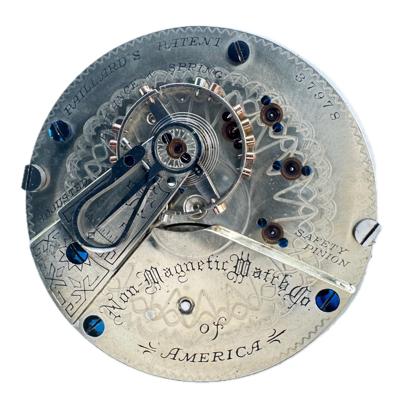 Antique 1890 Non-Magnetic Watch Co. 11J Roman Pocket Watch Movement Peoria Swiss