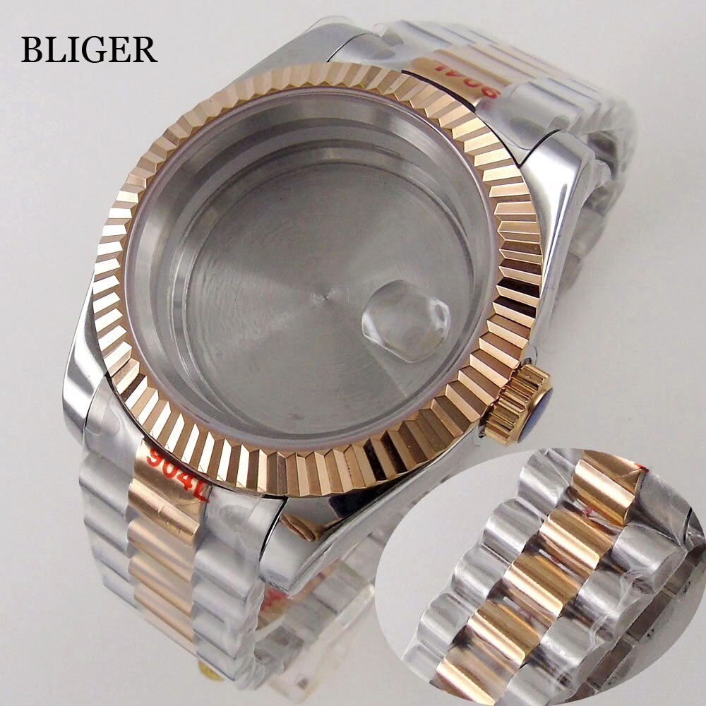36MM/39MM Rose Gold Watch Case Fluted Bezel fit NH35 PT5000 President Bracelet