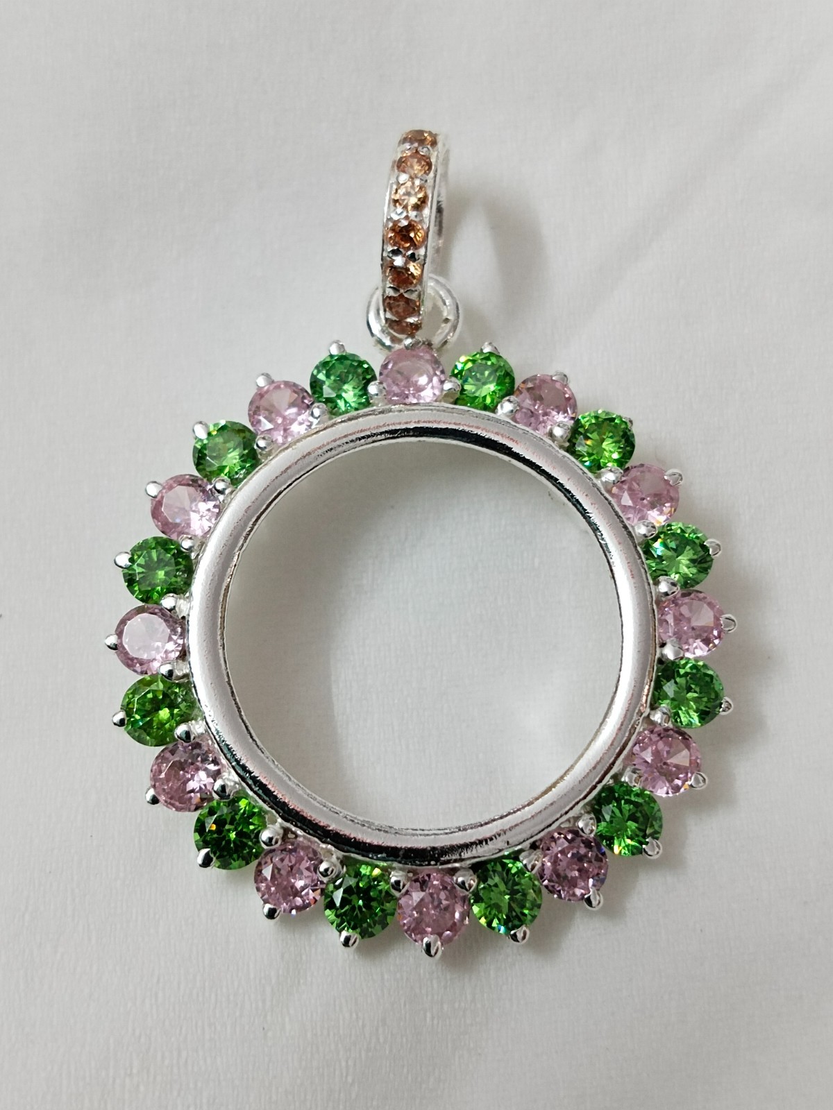 925 Sterling Silver Round Bezel Pendant Blank Green & Pink CZ Handmade Coin