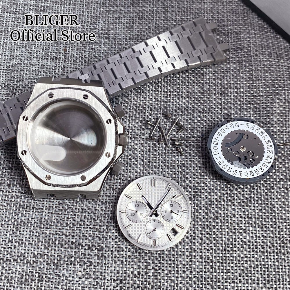42mm Brushed Watch Case Bracelet 32.1mm Black Blue Dial Fit VK63 Quartz Sapphire
