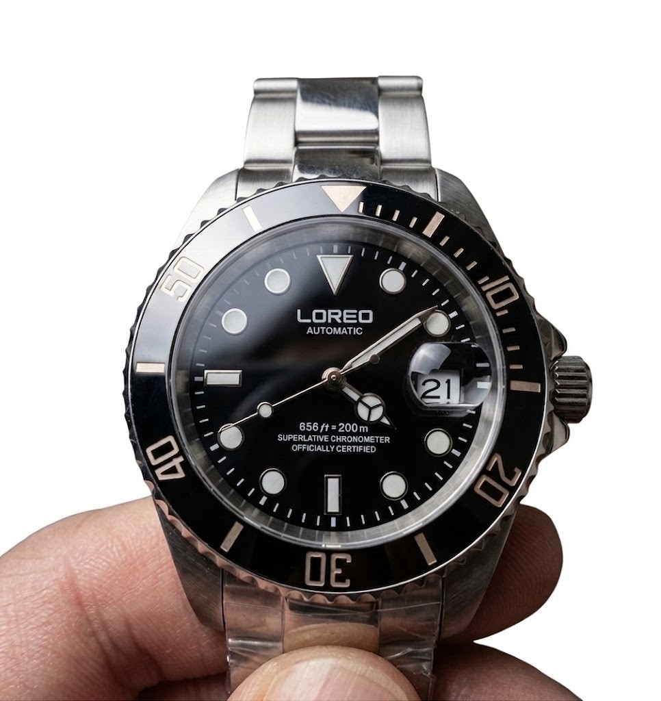 LOREO Mens Automatic Mechanical Watch Black Dial Stainless Steel Diver 200M