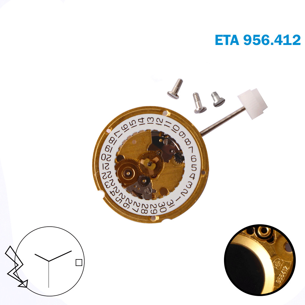UNCOMPLATED ETA 956.412 Quartz Swiss Movement, WHITE DATE DISK AT3, GOLD.