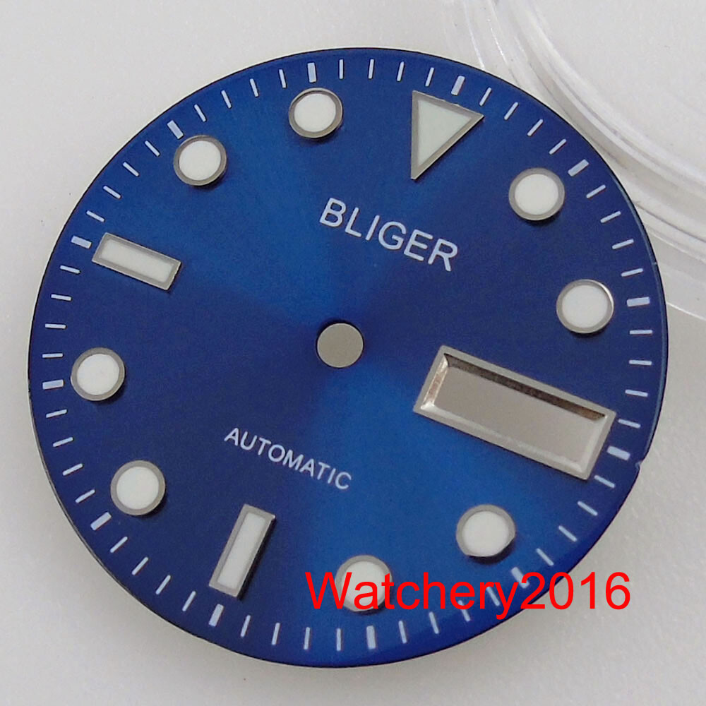 BLIGER 29mm Sunburst Watch Dial Green Luminous Double Date Window fit NH36 NH36A