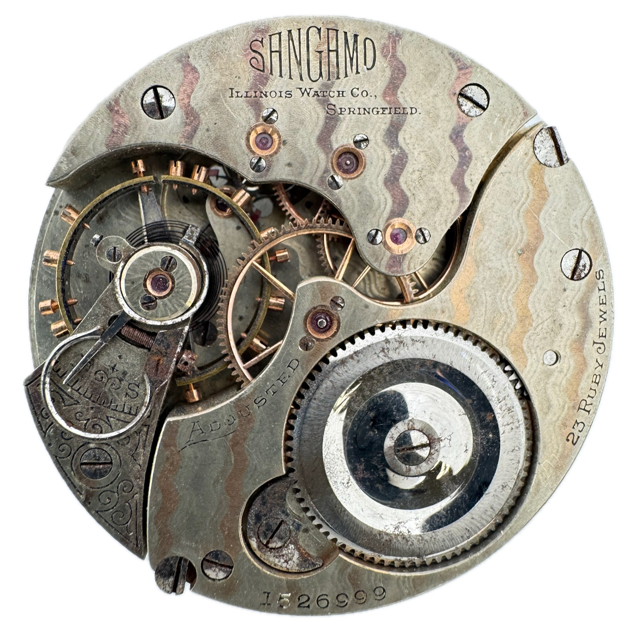 Antique 16s 1900 Illinois 23j Railroad Pocket Watch Movement Sangamo Two Tone