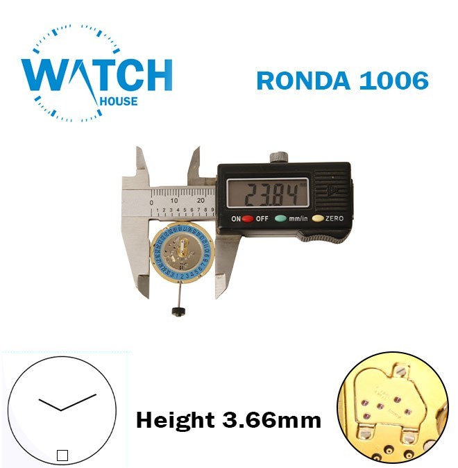 RONDA 1006 Swiss Quartz Watch Movement-H:3.66MM-Blue Disk At 6-2 Hands-Gold.